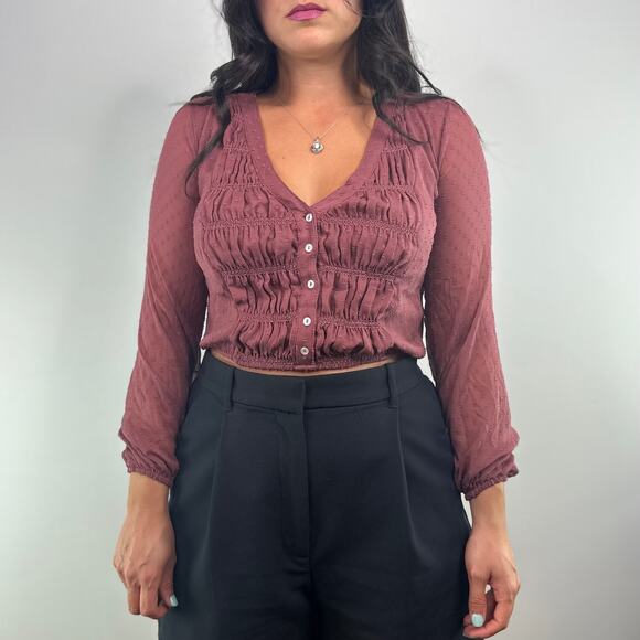 Abercrombie & Fitch Mauve Cropped Button Front Ruched Blouse - Picture 1 of 10